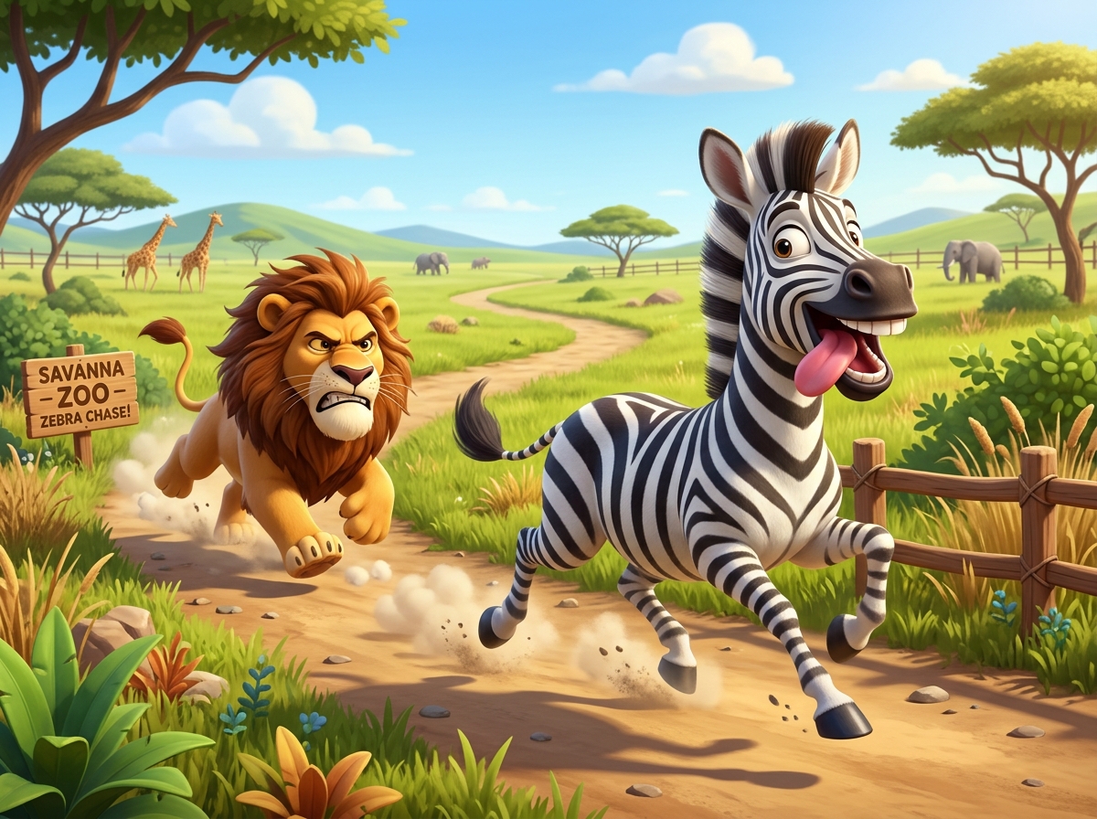 Zebra correndo à frente do leão na savana